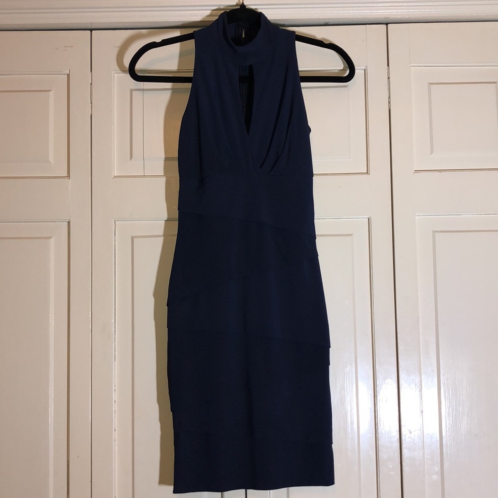WHBM Navy Instantly Slimming Bandage Keyhole Mock Turtleneck Back Zip SZ00 R2